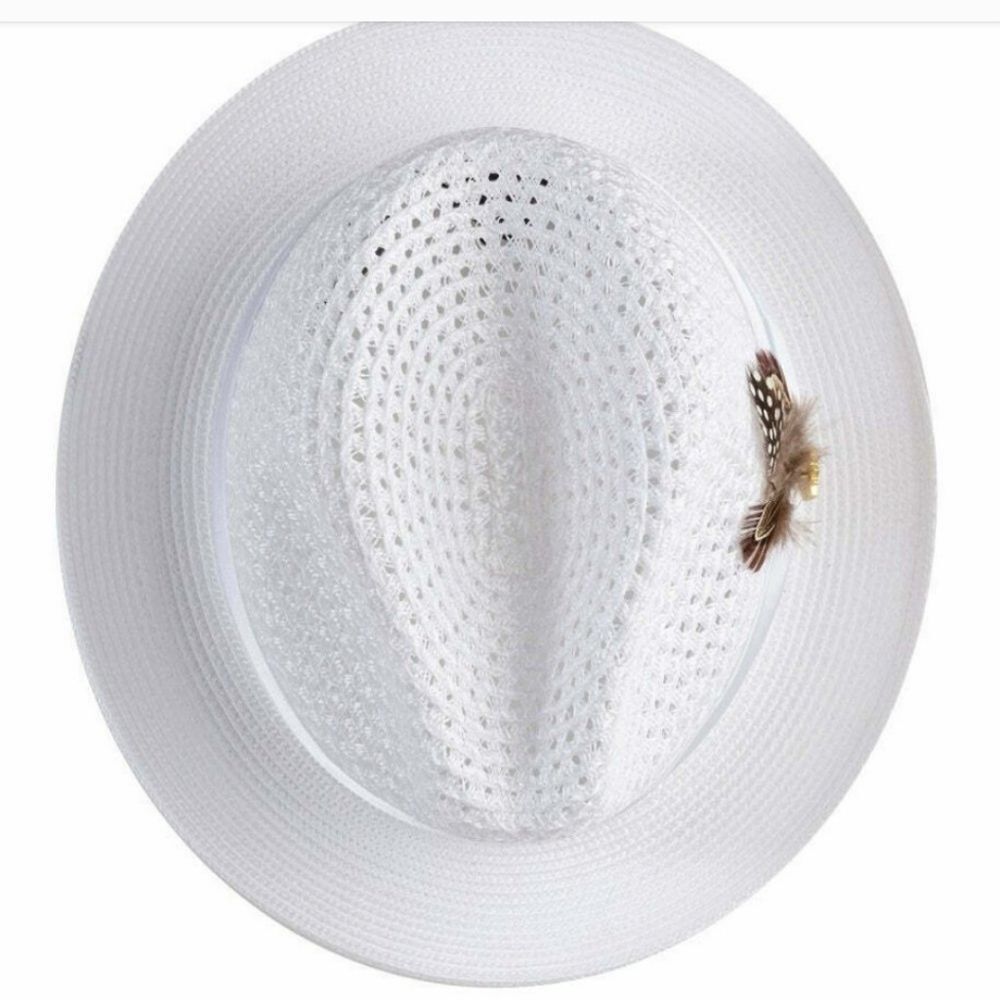 MONTIQUE MEN'S WHITE COLOR PINCH BRAIDED FEDORA WITH MATCHING SATIN RIBBON. H34 - Picture 4 of 4